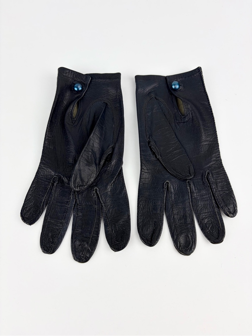 VTG 50s Aris of Paris Navy Blue Kid Suede Leather Hand Gloves Beaded Cuff 7